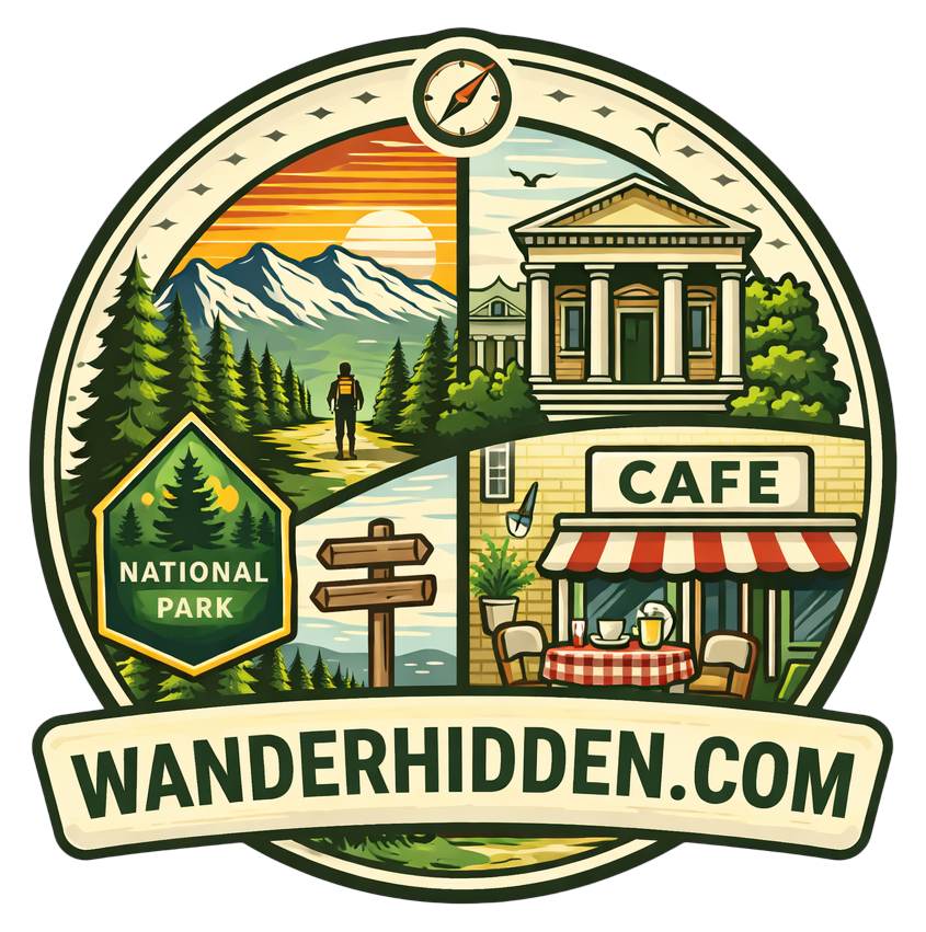 WanderHidden logo showing nature trails, national parks, museums, and cafés for hidden travel spots.